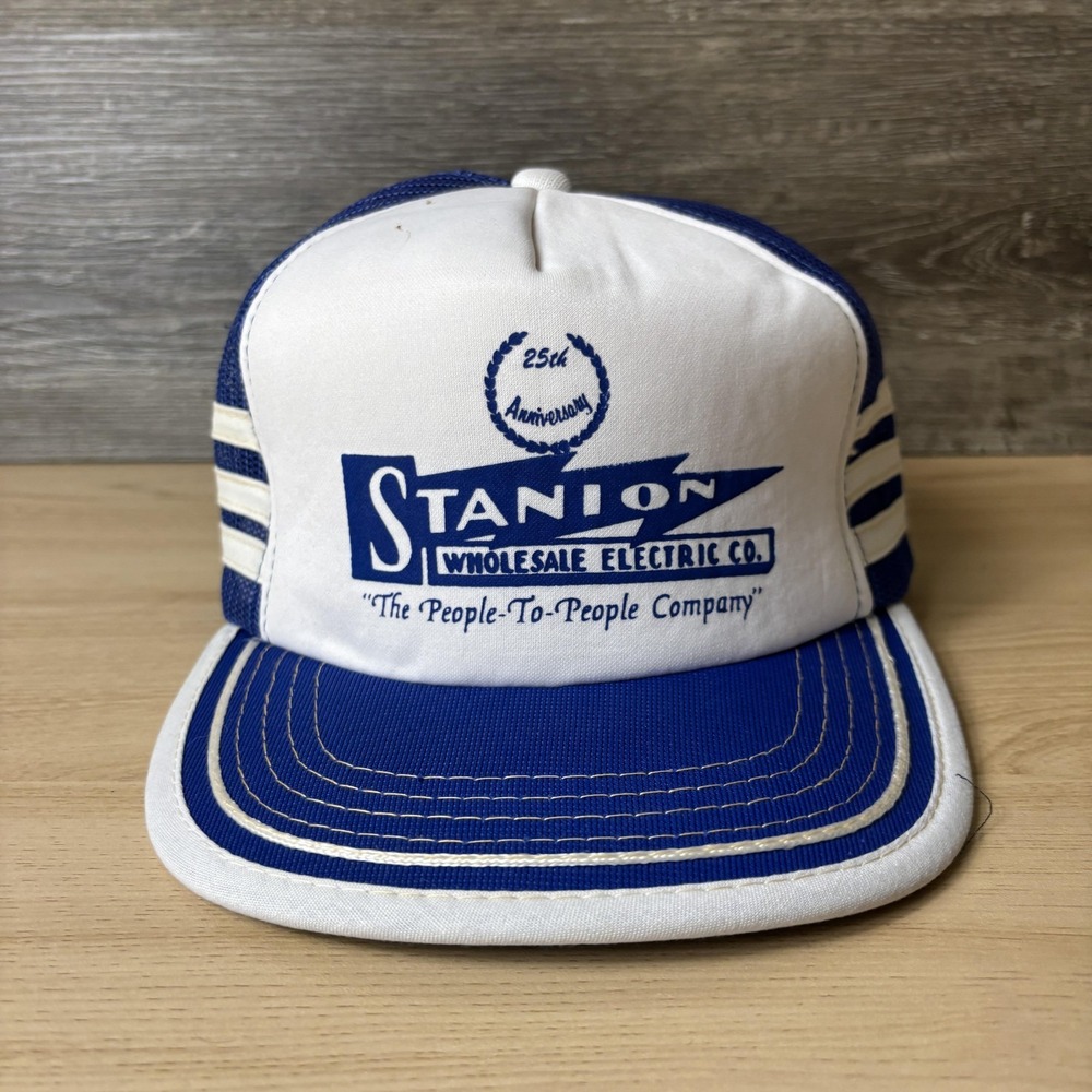 VINTAGE Stanion Wholesale Electric Co. Hat Cap Snap Back Blue White Trucker 80s